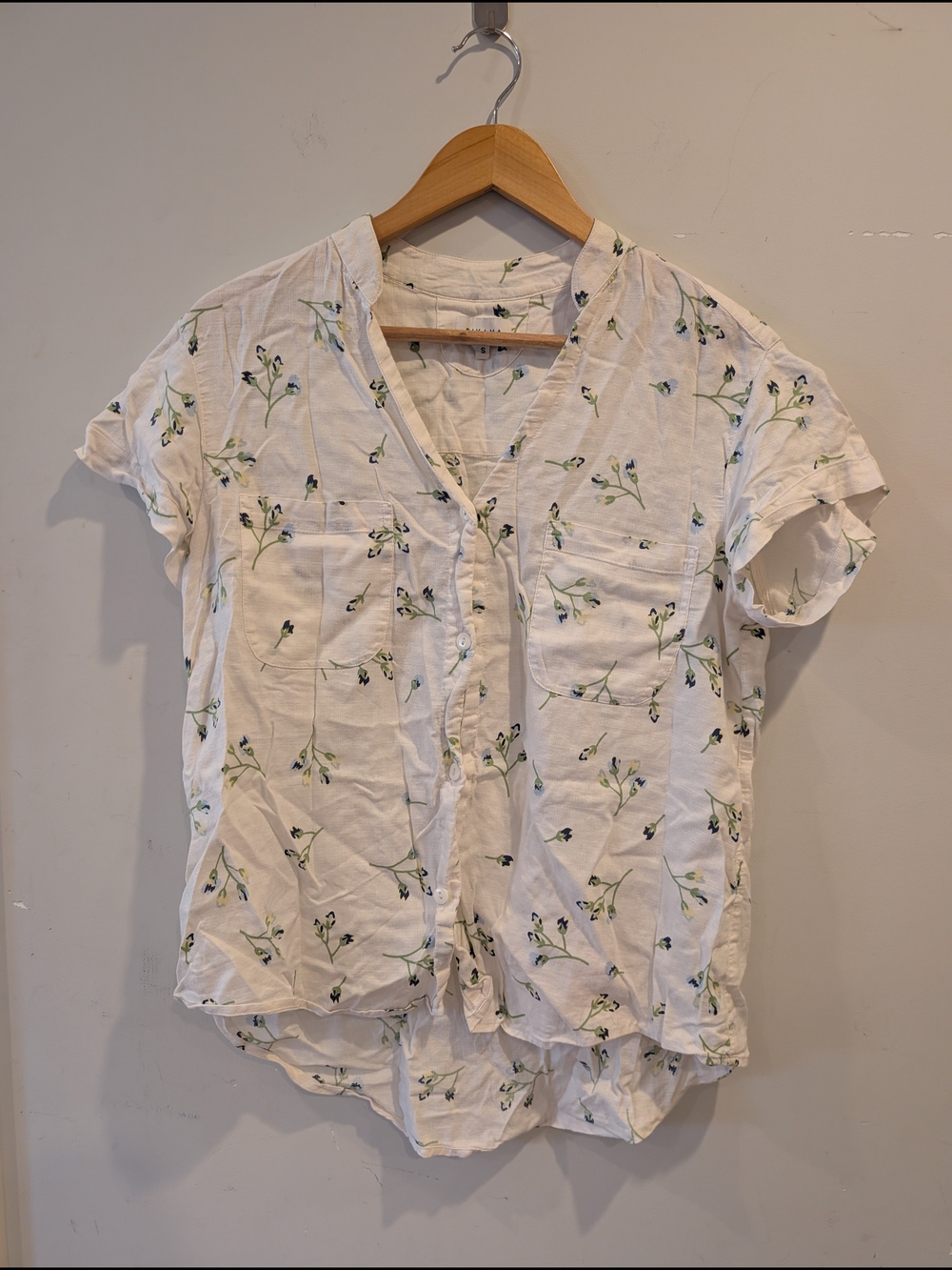Piyama White Floral Short-Sleeve Button-Down Boxy Shirt Sleep S Lounge PJ Top